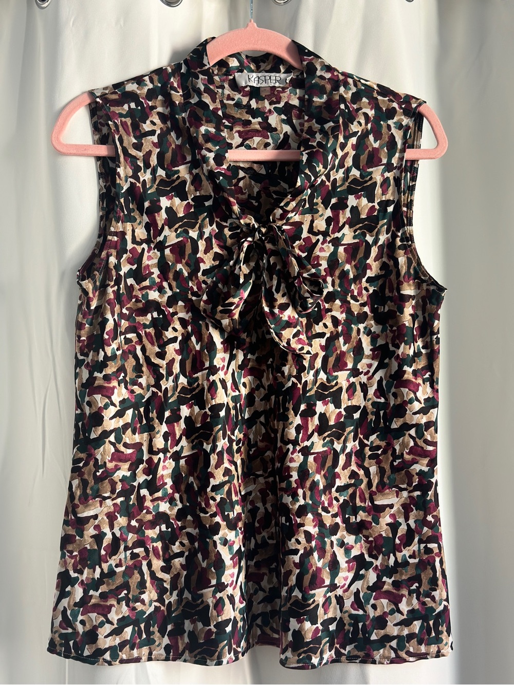 Kasper multicolored abstract print blouse with tie front detail, size M